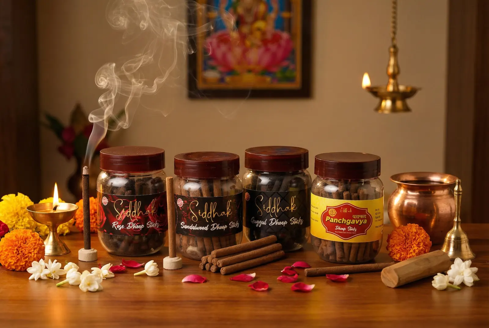 Siddhak dhoop stick jars on a pooja table with a lit diya